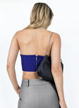 Strapless corset top Pinstripe print  Pointed neckline  Boning through front  Zip fastening at back 