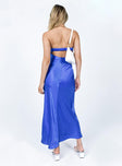 Maxi dress Silky material  Adjustable & removable straps  Inner silicone strip at bust  Elasticated back strap  Cut out underbust  Invisible zip fastening at back 