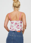 Floral top Sweetheart neckline, open front crop style, lace trim detail, fixed tie detail at bust, wired cups, adjustable shoulder straps, invisible zip fastening at side Non-stretch, lined bust