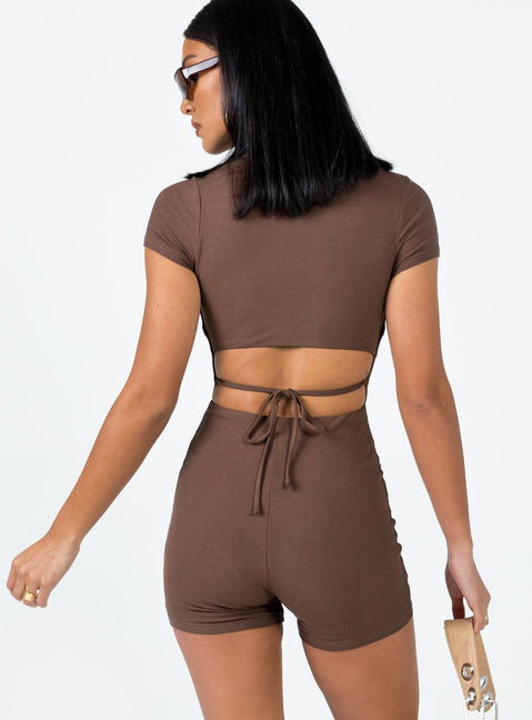 Romper Ribbed material Wide square neckline Cut out back Fixed tie fastening at back