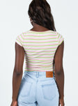 Top Ribbed material Striped print Scooped neckline Button fastening at bust Cap sleeve 