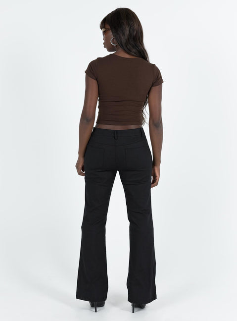 Black pants Low rise Belt looped waist Twin hip pockets Slim leg  Slightly flared cuff