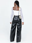 Pants Faux leather material Belt looped waist Zip & button fastening Four classic pockets Twin cargo style leg pockets Wide leg