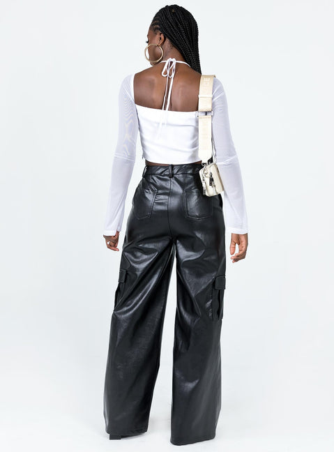 Pants Faux leather material Belt looped waist Zip & button fastening Four classic pockets Twin cargo style leg pockets Wide leg