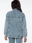 Light wash denim jacket Classic collar, button fastening at front, twin chest and hip pockets, single button cuff