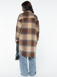 Longline plaid shacket Classic collar, button fastening at front, twin chest pocket, single button cuff