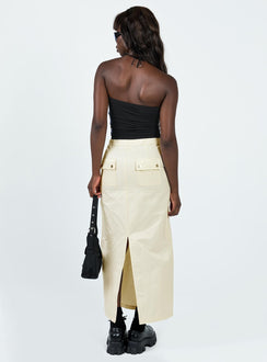 Maxi skirt Mid-low rise Invisible zip fastening at side Twin hip pockets Press button back pockets Drawstring at waist Slit at back