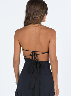 Black strapless top Back tie fastening Semi detached waist tie Good stretch Fully lined