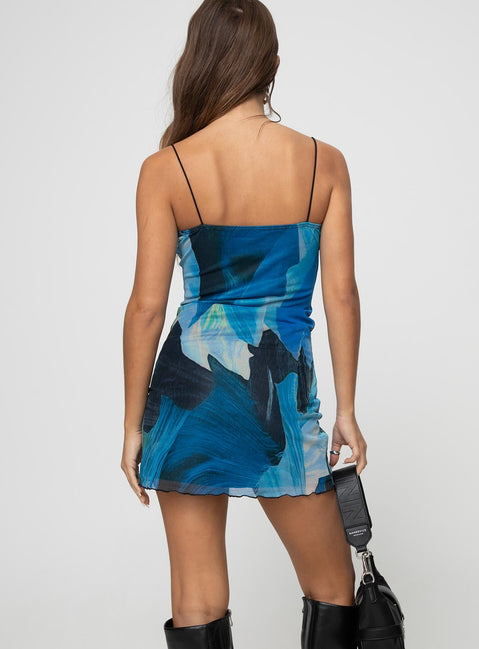    Floral print mesh mini dress Elasticated straps, cowl neckline, underbust band, lettuce edge hem Good stretch, fully lined