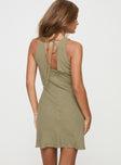 Olive Linen mini dress V neck, invisible fastening at back, tie fastening at back