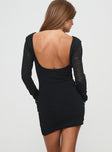 Black long sleeve mini dress High neckline, low scooped back