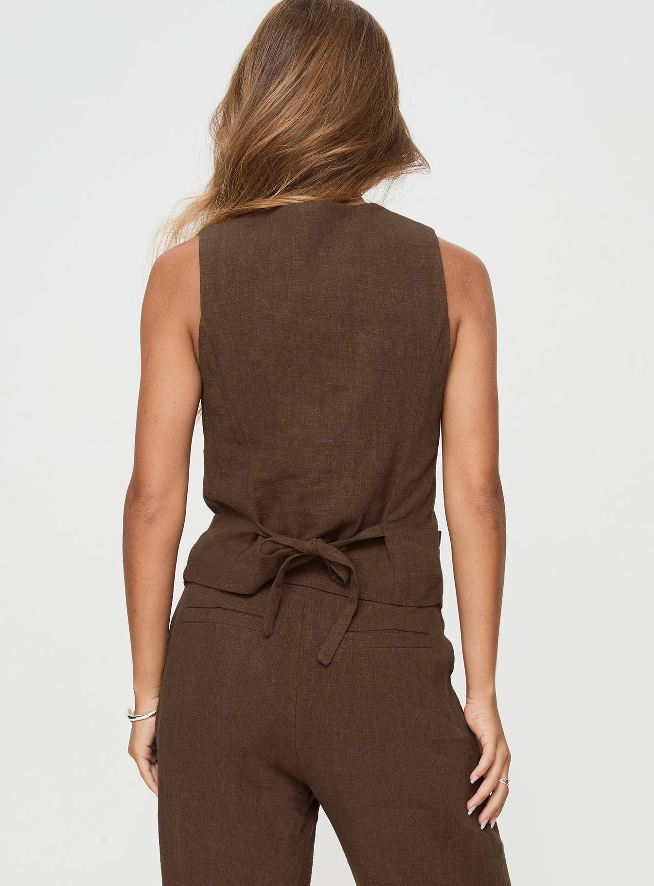 Brown Linen vest top V neckline, button closure, tie detail at back