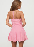 Pink Halter neck tie fastening, inner silicone strip at bust, invisible zip fastening at side, subtle pleats at hem