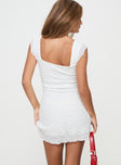 White Mini dress Straight neckline, cap sleeves, lettuce edge hem