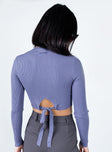 Long sleeve top Ribbed material  Mock neck  Back tie fastening 