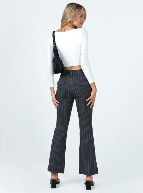 Pants Pinstripe print Low waist Belt looped waist Zip & button fastening Flared leg Twin faux back pockets