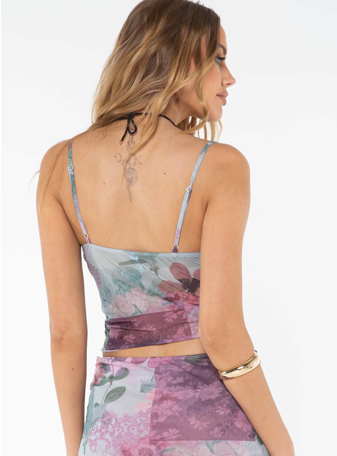 Floral print cami top, mesh material Adjustable shoulder straps Good stretch, mesh lined bust