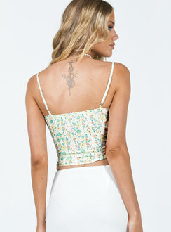 Corset top Textured material Floral print Adjustable straps Keyhole cut-out with tie fastening Wired cups Boning through bodice Invisible zip fastening at side Non-stretch