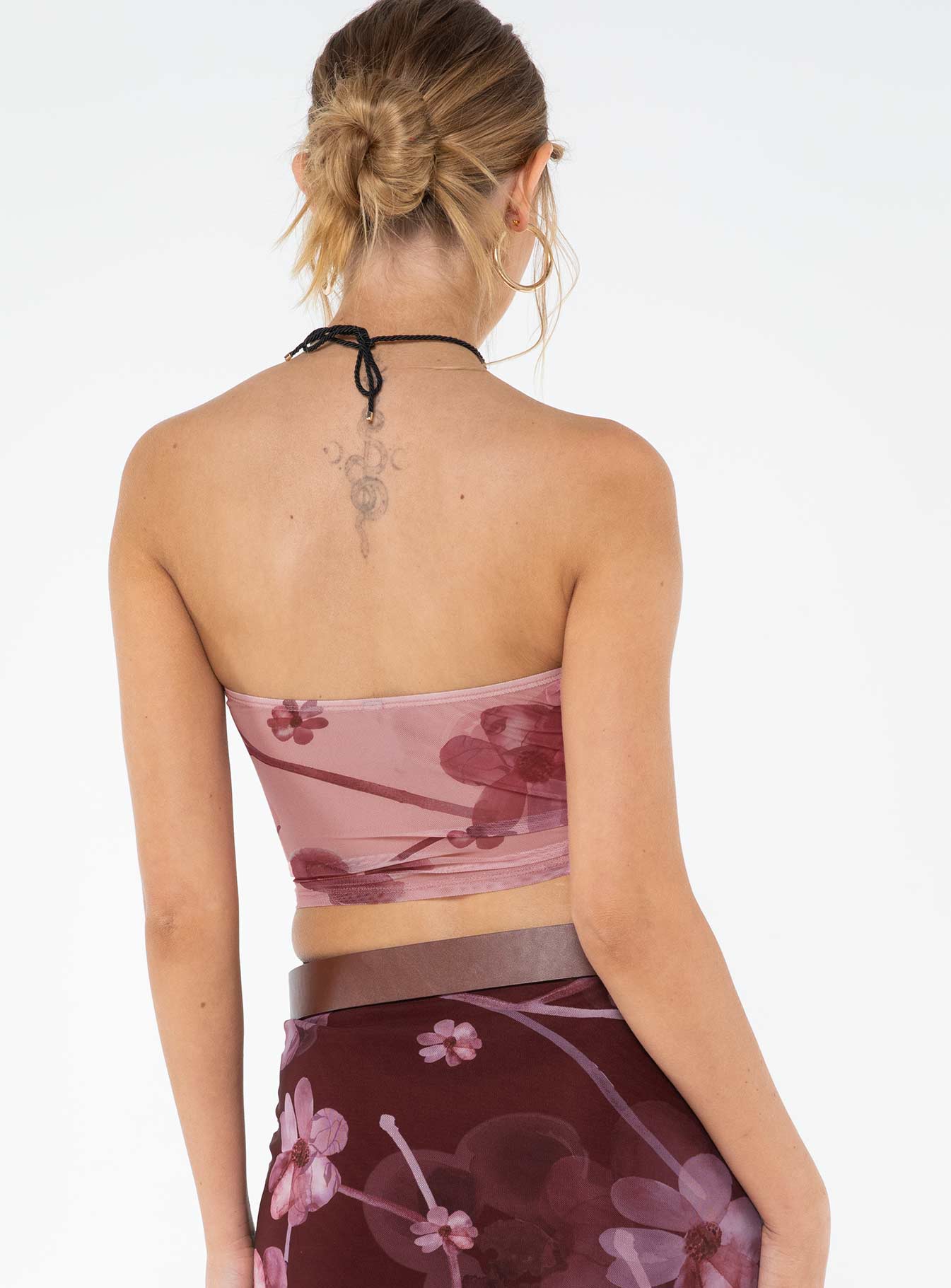 Floral print tube top, mesh material Good stretch, lined front