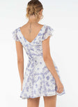 Floral mini dress Frill sleeve. square neckline, invisible zip fastening at side, waist tie Non-stretch, fully lined 