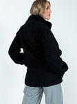 Black oversized jacket Faux fir material  Zip front fastenig  Ribbed cuff & neck Zip chest pocket  Silver-toned hardware 