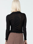 Long sleeve top Sheer knit material Classic collar  Button front fastening  Lettuce edge hem 