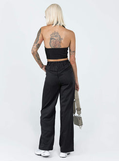 Matching set Pinstripe print  Vest top  Lapel collar  Button front fastening  High waisted pants  Zip & button fastening  Belt looped waist  Twin hip pockets  Elasticated back Wide leg 