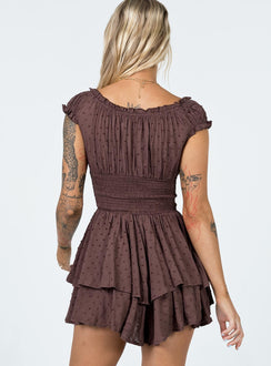 Romper Soft textured material Shirred waistband Ruffle detailing Elasticated neck and sleeves Can be worn on or off shoulder Layered ruffle hem Fully lined