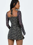 Princess Polly Square Neck  Dyer Sheer Sleeve Mini Dress Black Floral