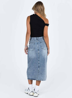 Midi skirt Light wash denim  Belt looped waist Zip and button fastening  Classic five pocket design Distressed detail Spilt hem