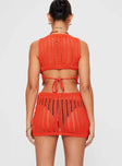 Two-piece knit set Crop top, high neckline, large cut out at back, tie fastening Mid-rise mini skirt, drawstring waist with tie fastening