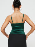 Satin crop top, lace detail Adjustable shoulder straps, v-neckline, button front fastening, curved hem Non-stretch, partially lined