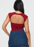 Red Top Cap sleeves, open backs, pinched bust, flower detail'