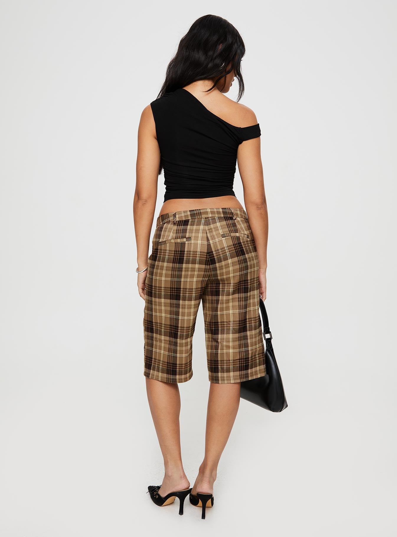 Plaid culottes Low rise, belt looped waist, twin hip pockets