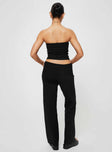 Matching set, ribbed knit material Strapless top, tie detail Low-rise pants, straight leg