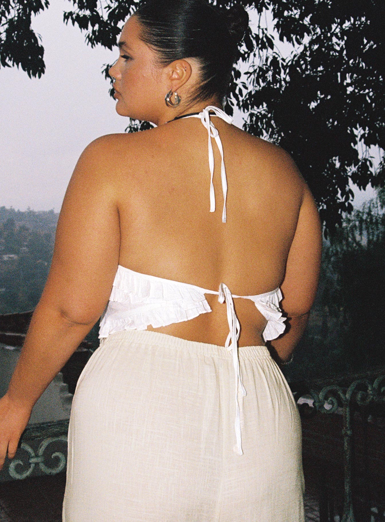 Linen crop top Frill detail & hemline, cross tie halter neck, open back