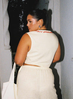 V neckline vest top Embroidered detail, tie closure with tassels