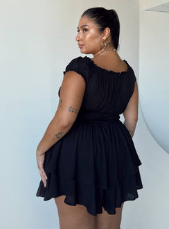 Romper Elasticated shoulders & neckline  Can be worn on or off the shoulder  Gathered bust  Boning through waist  Shirred back panel  Layered bottom 