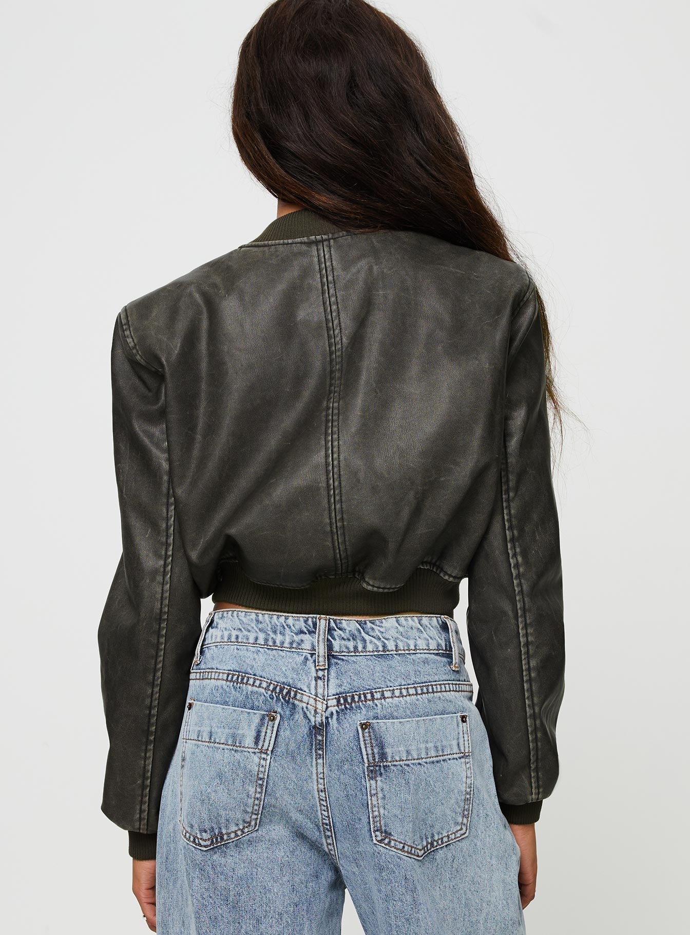 Faux leather bomber jacket High neckline, zip fastening, twin hip pockets, elasticated waistband and cuff