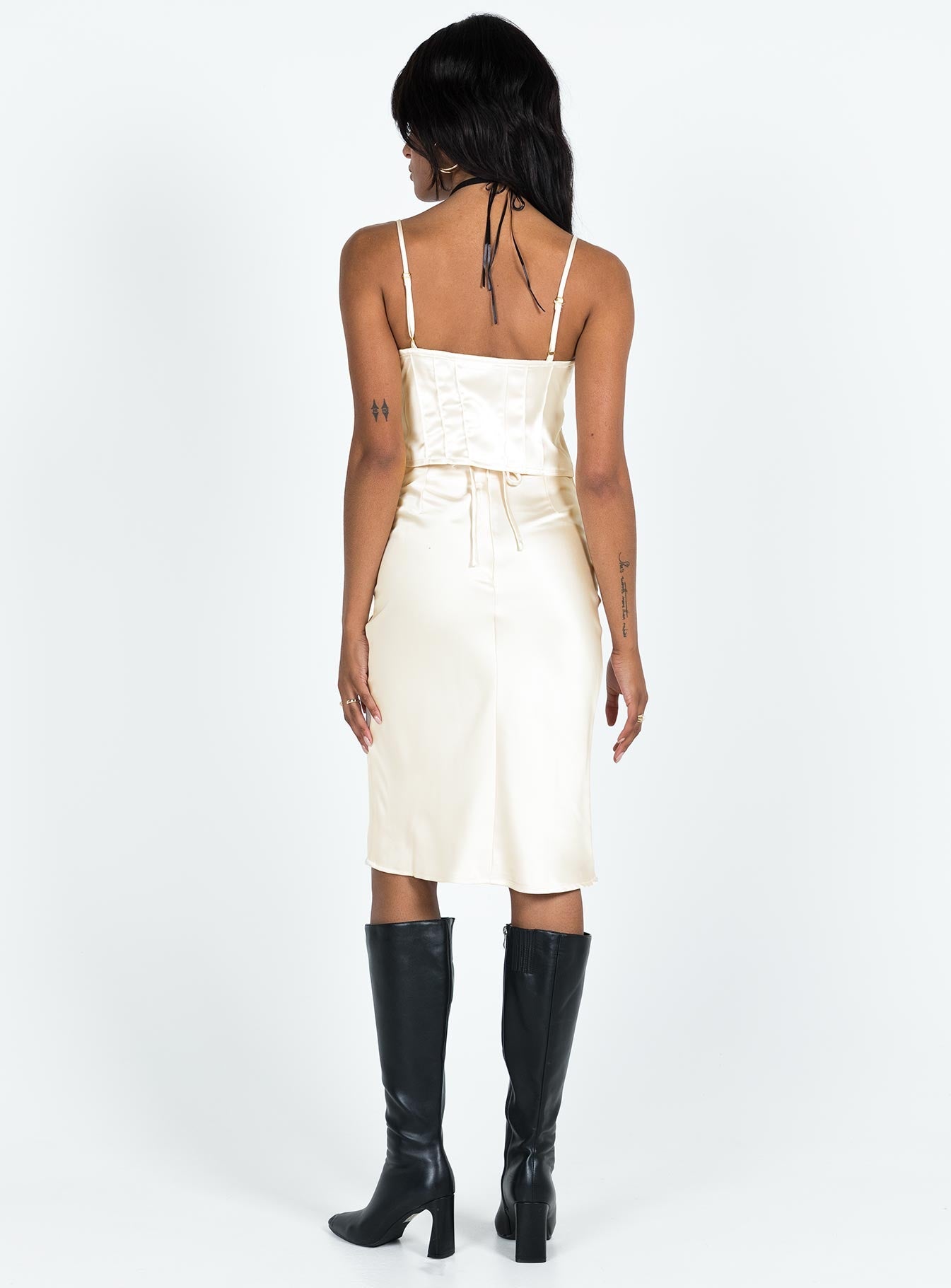 Midi skirt Silky material V waist Lace trim Tie fastening  Invisible zip fastening at back