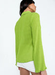 Green shirt Textured material  Slightly sheer  Classic collar  Button front fastening  Lettuce edge hem 