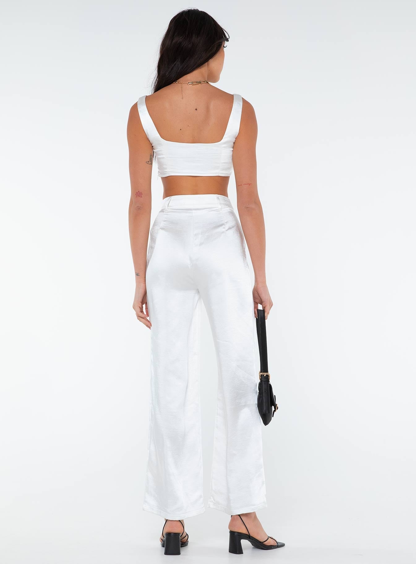 Matching set Silky material  Crop top Invisible zip fasting at side High waisted pants Wide relaxed leg Belt loops at waist