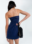 Navy mini dress Pinstripe print  Inner silicone strip at bust  Invisible zip fastening at back  Side slit 