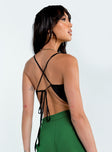 Black crop top Silky material  Pleated design  Thin shoulder straps  Back tie fastening  Pointed hem  Raw edge