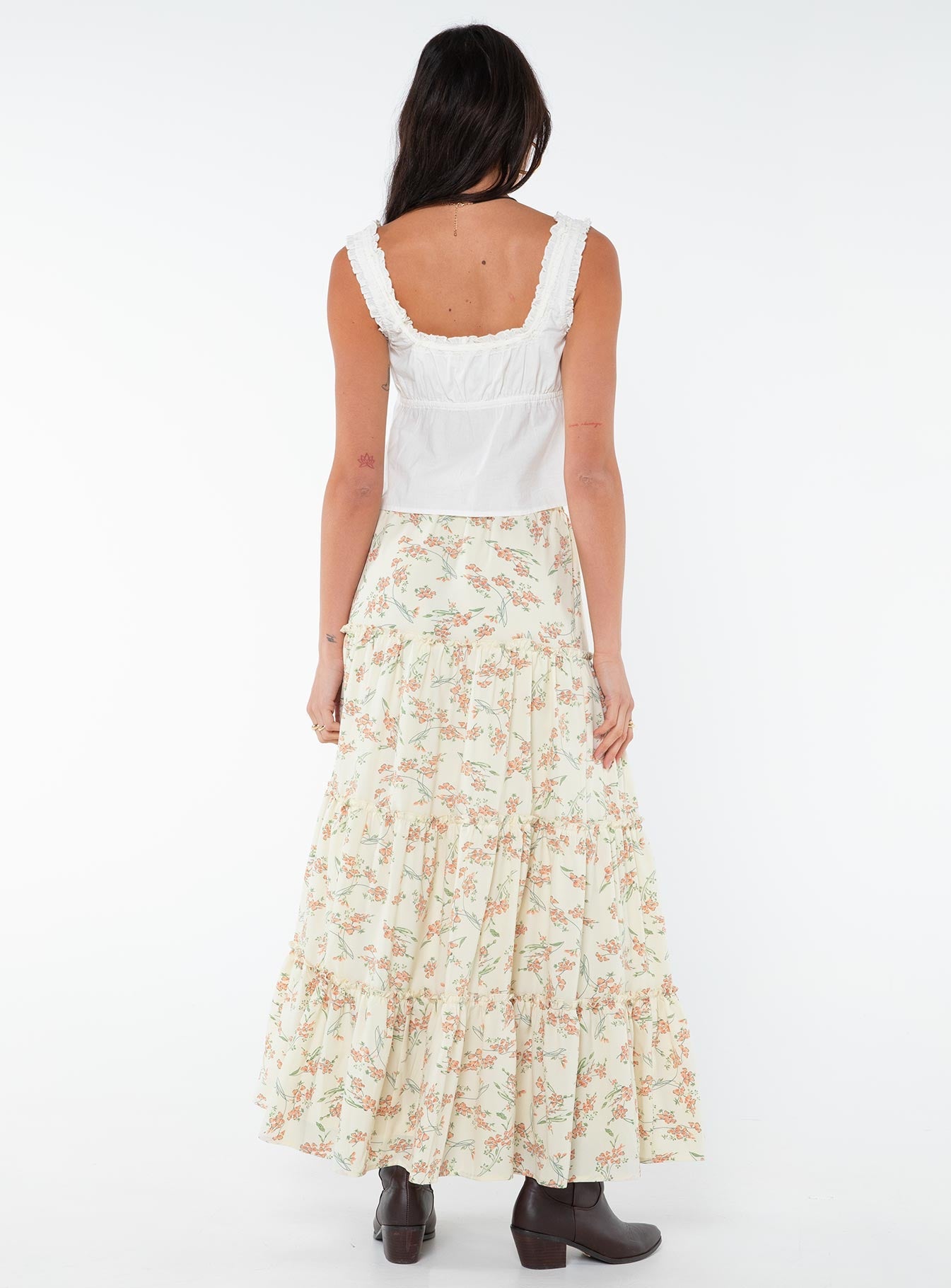 Floral maxi skirt Tiered design, frill detailing throughout, wide elasticated waist band  Non-stretch material, fully lined
