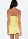 Yellow mini dress Silky material Pleated bust detailing with V neckline Boning through bodice Adjustable straps Invisible zip fastening at back