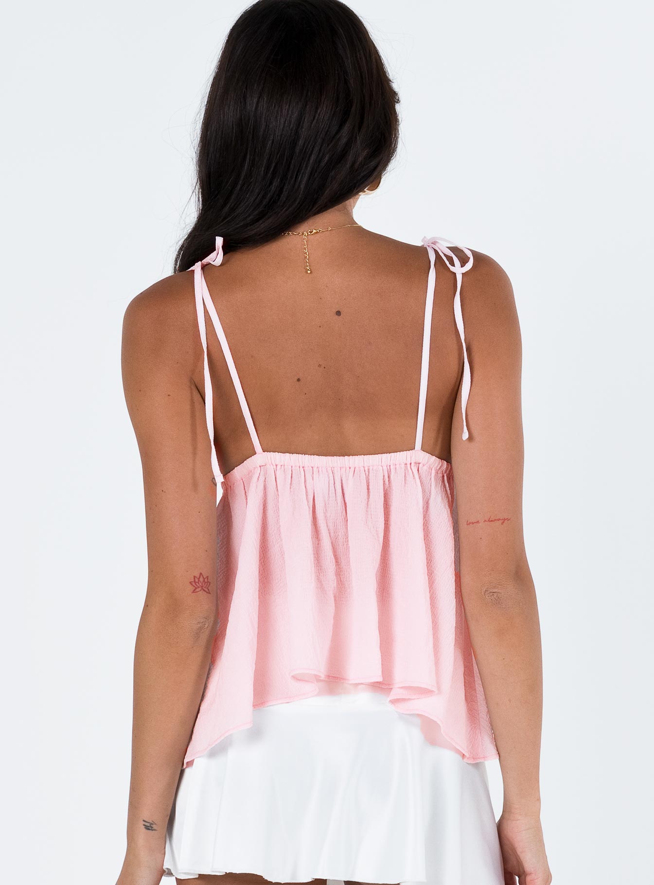 Pink top Plunging neckline Adjustable tie shoulder straps Elasticated band at bust Open back Gathered waist