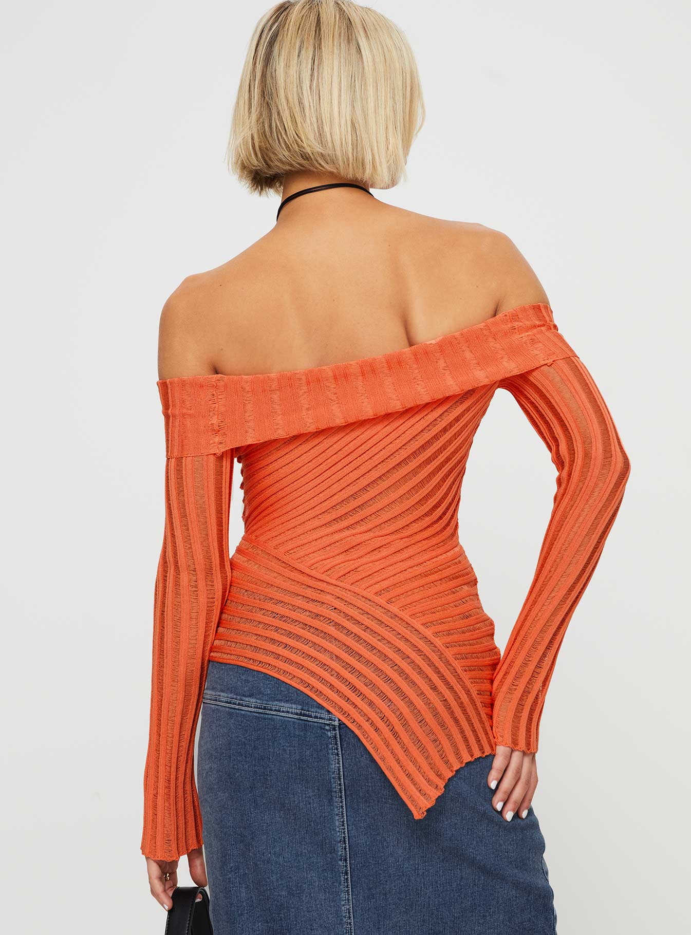 Off-the-shoulder sweater Slim fitting, sheer knit material,  asymmetric hem, extra long slightly flared sleeve, folded neckline