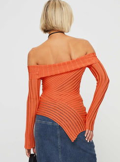 Off-the-shoulder sweater Slim fitting, sheer knit material,  asymmetric hem, extra long slightly flared sleeve, folded neckline