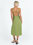 Green midi dress Elasticated shoulders & back Side slit Invisible zip fastening at back Low back Lined bust